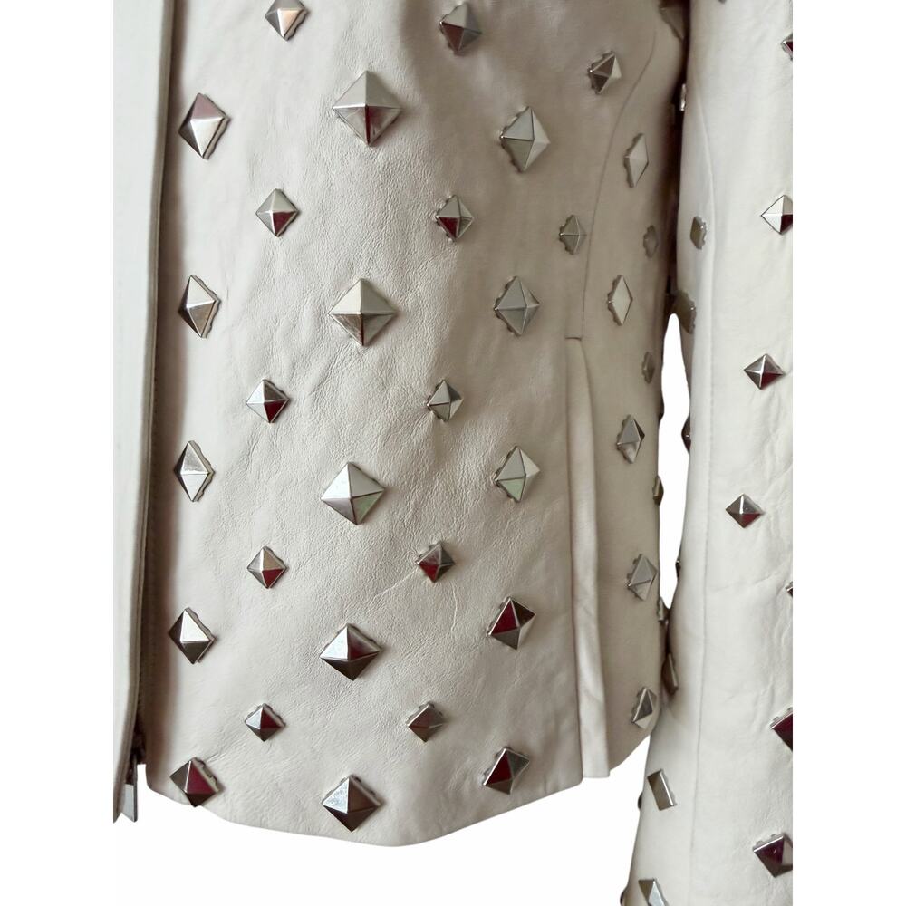 Diane Von Furstenberg Kate Leather Studded Cream Silver Jacket Sz 2 - Picture 6 of 16